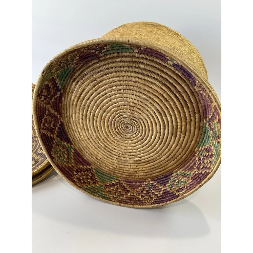 Vintage African Style Handwoven Coil‎ Lidded Basket W/ Colorful Interior Design